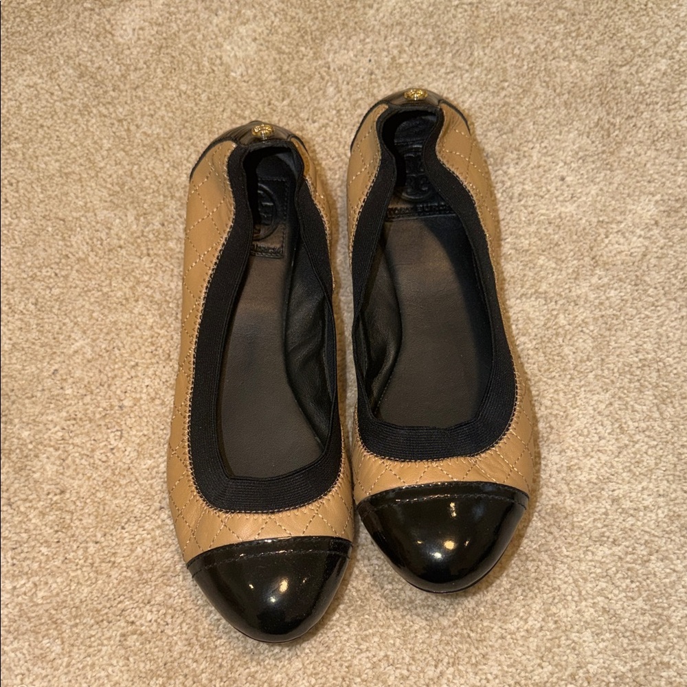 Tory Burch Tan and Black Quilted Flats